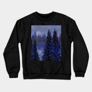 A misty night with full moon reflecting off a lake in the forest. Crewneck Sweatshirt